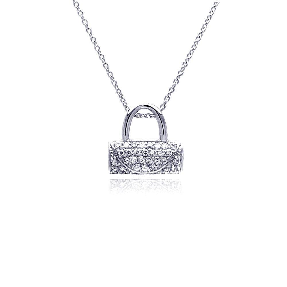 Silver 925 Clear CZ Rhodium Plated Handbag Pendant Necklace - STP00178