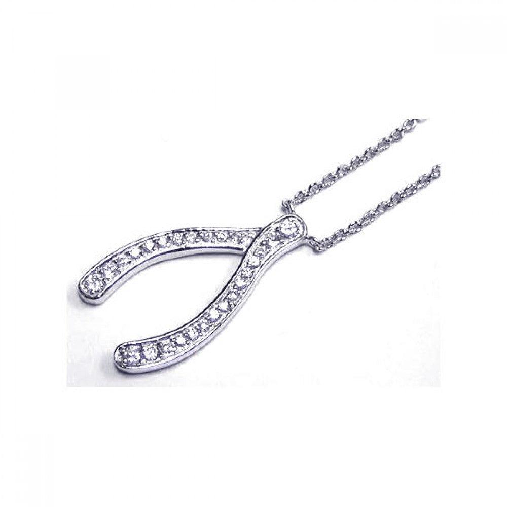 Silver 925 Clear CZ Rhodium Plated Wishbone Pendant Necklace - STP00204
