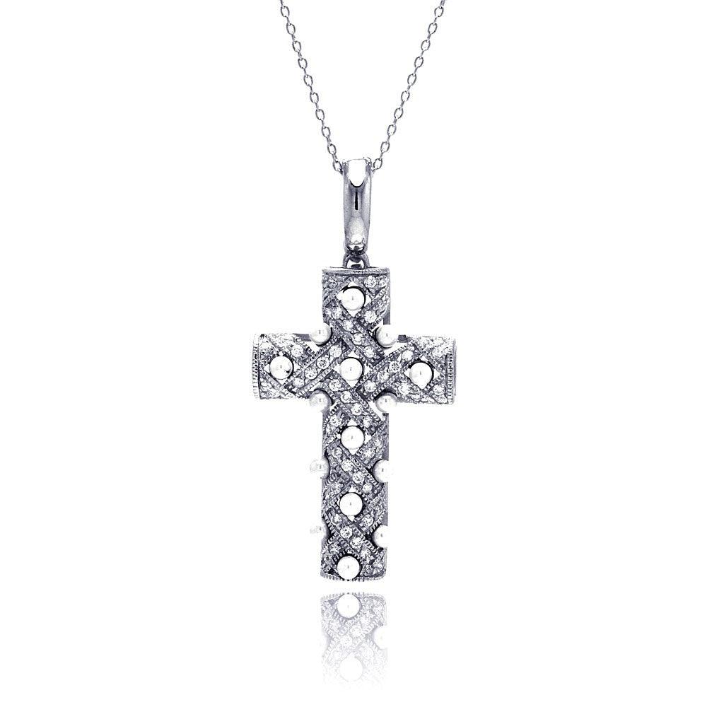 Silver 925 Clear CZ Rhodium Plated Fancy Cross Pendant Necklace - STP00211