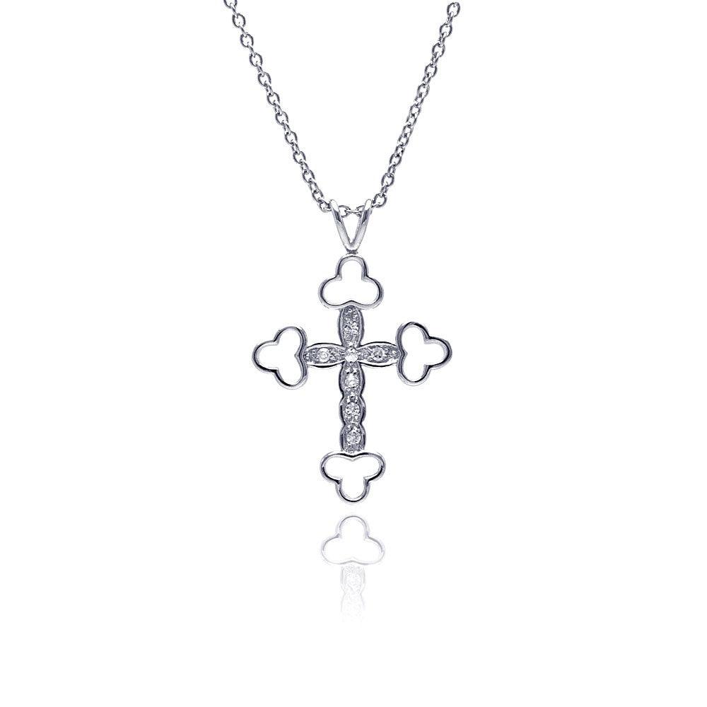 Silver 925 Clear CZ Rhodium Plated Fancy Cross Pendant Necklace - STP00222