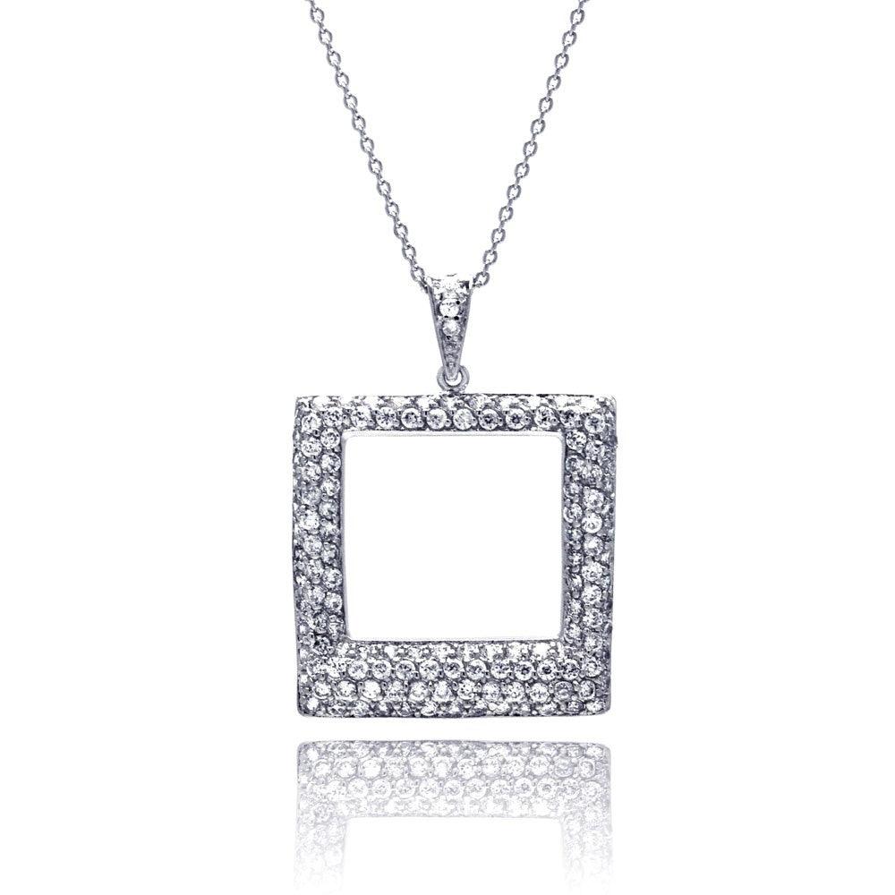 Silver 925 Clear CZ Rhodium Plated Open Square Pendant Necklace - STP00257