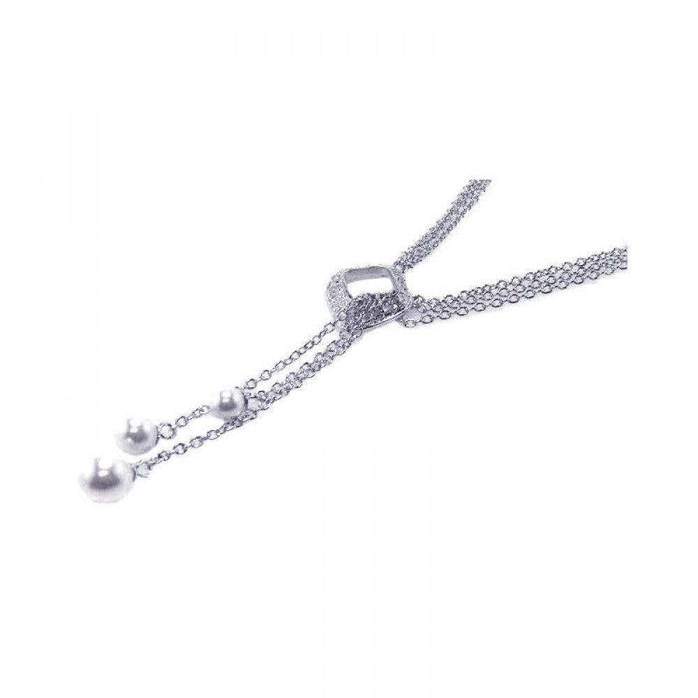 Silver 925 Clear CZ Rhodium Plated 3 White Pearls Accent Pendant Necklace - STP00332