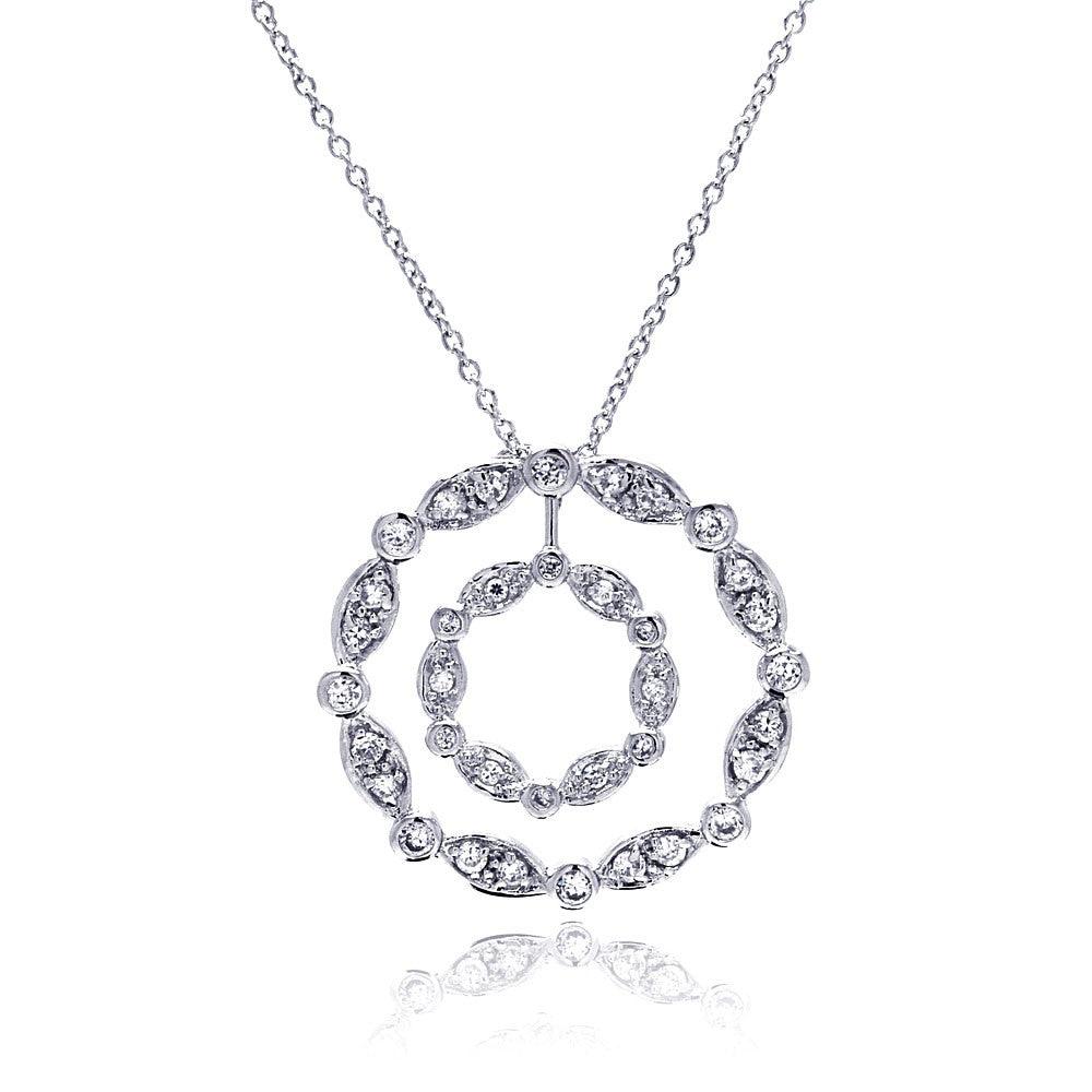 Silver 925 Clear CZ Rhodium Plated Double Circle Pendant Necklace - STP00357
