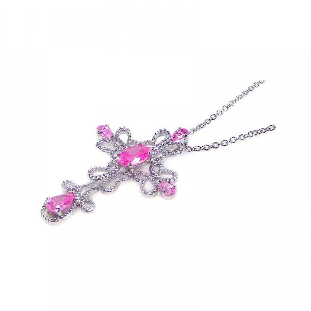 Silver 925 Clear CZ Rhodium Plated Cross Pink Stone Inlay Pendant Necklace - STP00409