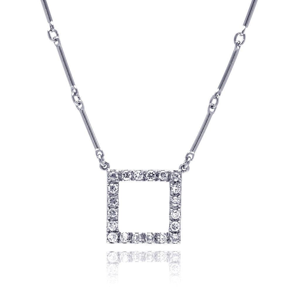 Silver 925 Rhodium Plated CZ Open Square Pendant Necklace - STP00450