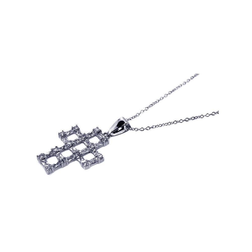 Silver 925 Rhodium Plated CZ Open Cross Pendant Necklace - STP00464