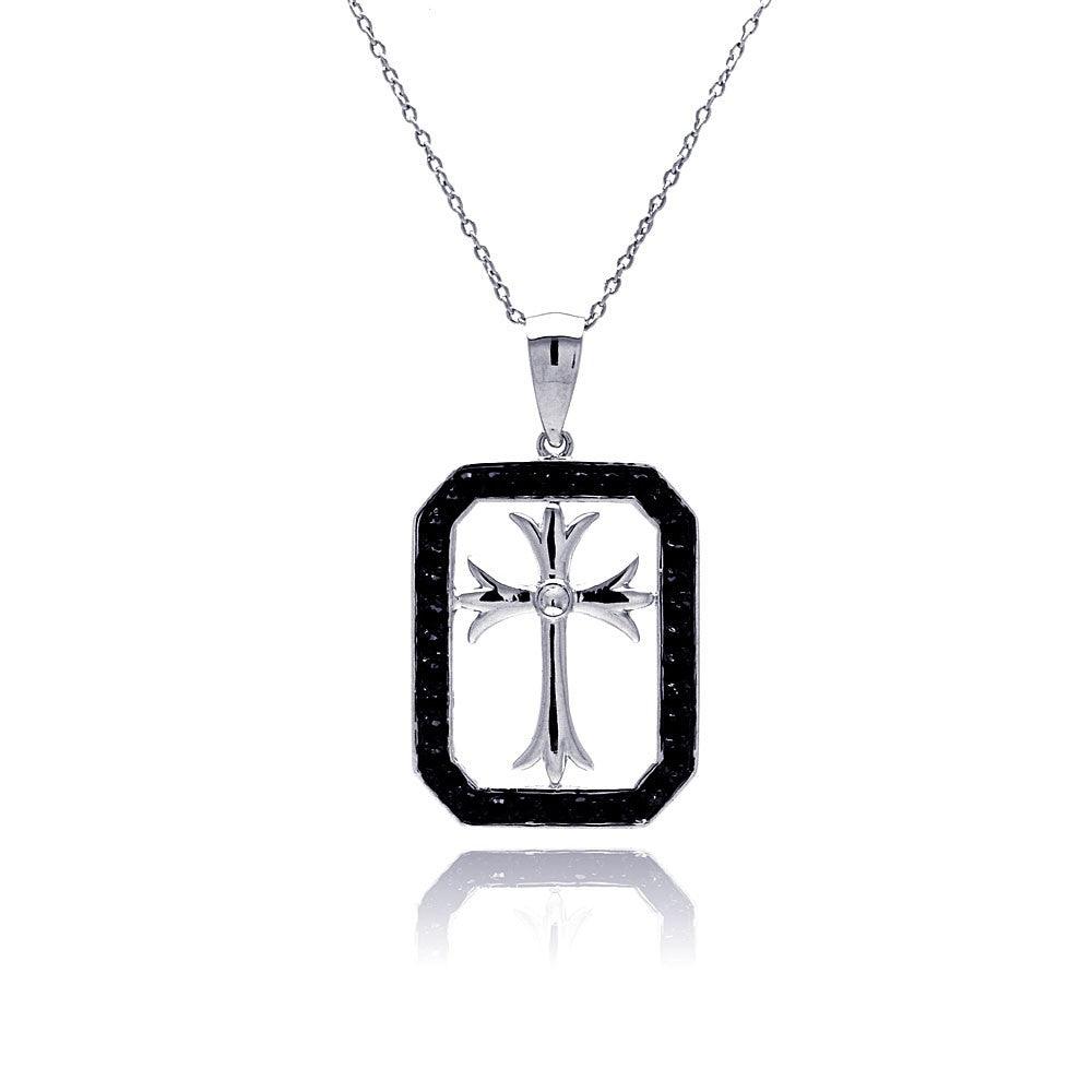Silver 925 Rhodium and Black Rhodium Plated Black CZ Cross Necklace - STP00516BLK
