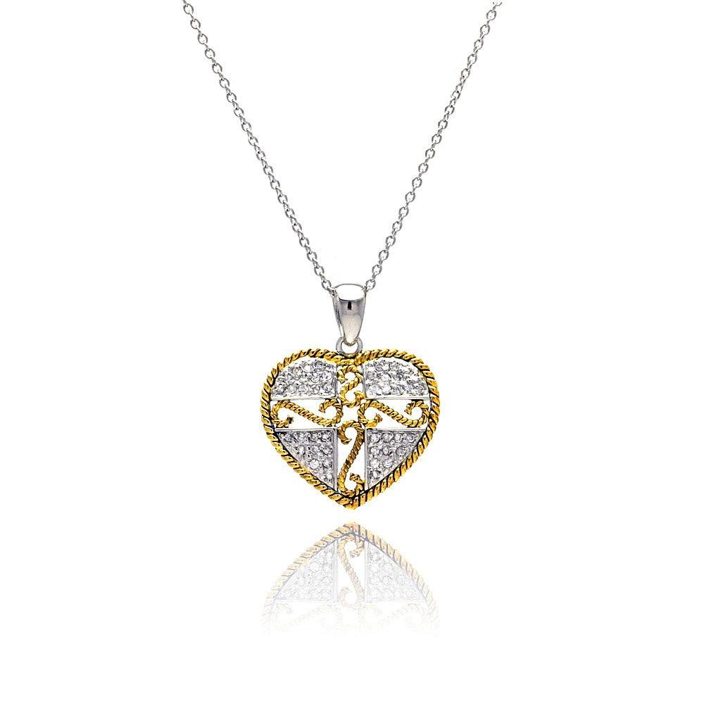 Silver 925 Gold and Silver Rhodium Plated Micro Pave Heart Filigree CZ Dangling Necklace - STP00520