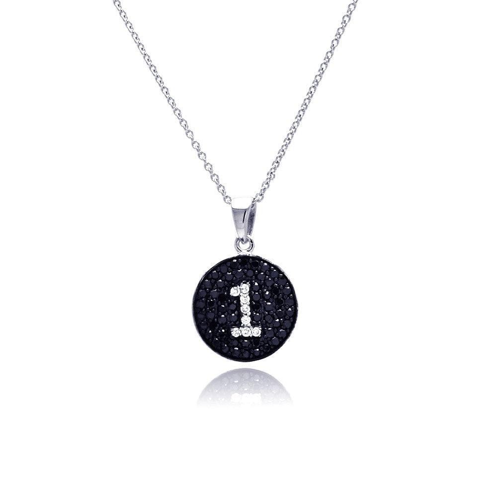 Silver 925 Black and Silver Rhodium Plated Number One Black and Clear CZ Dangling Necklace - STP00539