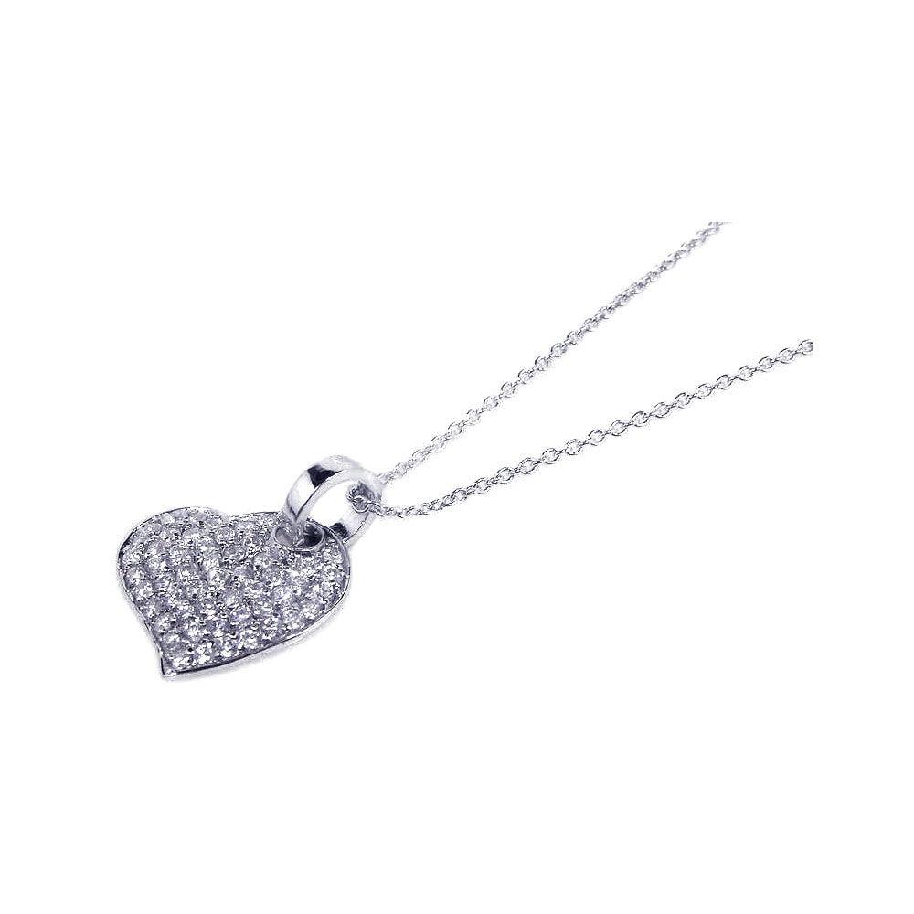 Silver 925 Rhodium Plated Round Heart Clear CZ Inlay Necklace - STP00544