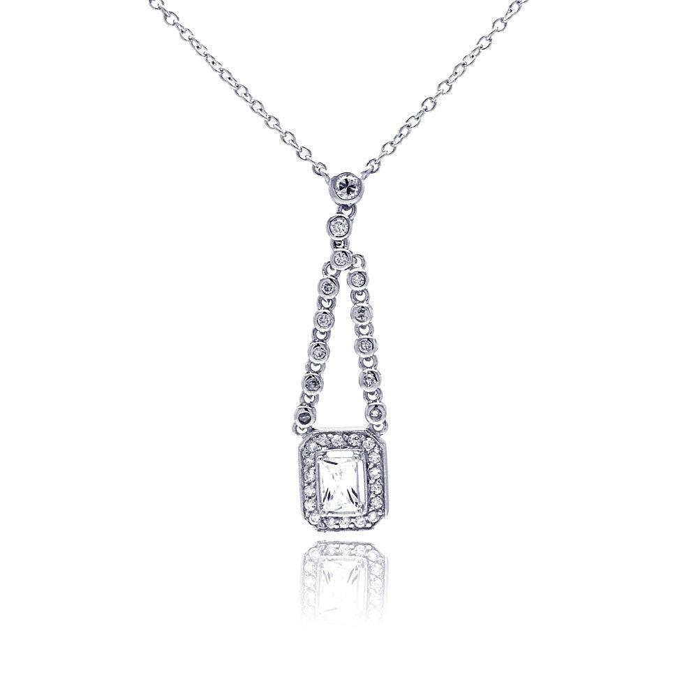Silver 925 Rhodium Plated Rectangle Clear CZ Dangling Necklace - STP00552