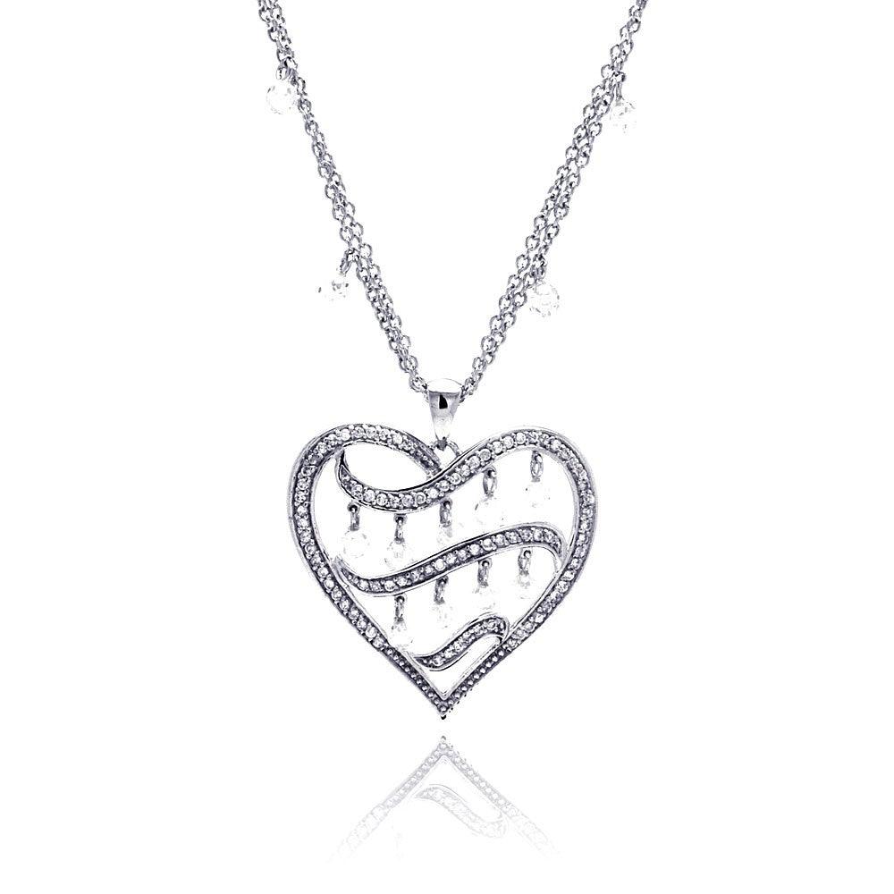 Silver 925 Rhodium Plated Filigree Heart CZ Chandelier Dangling Necklace - STP00591