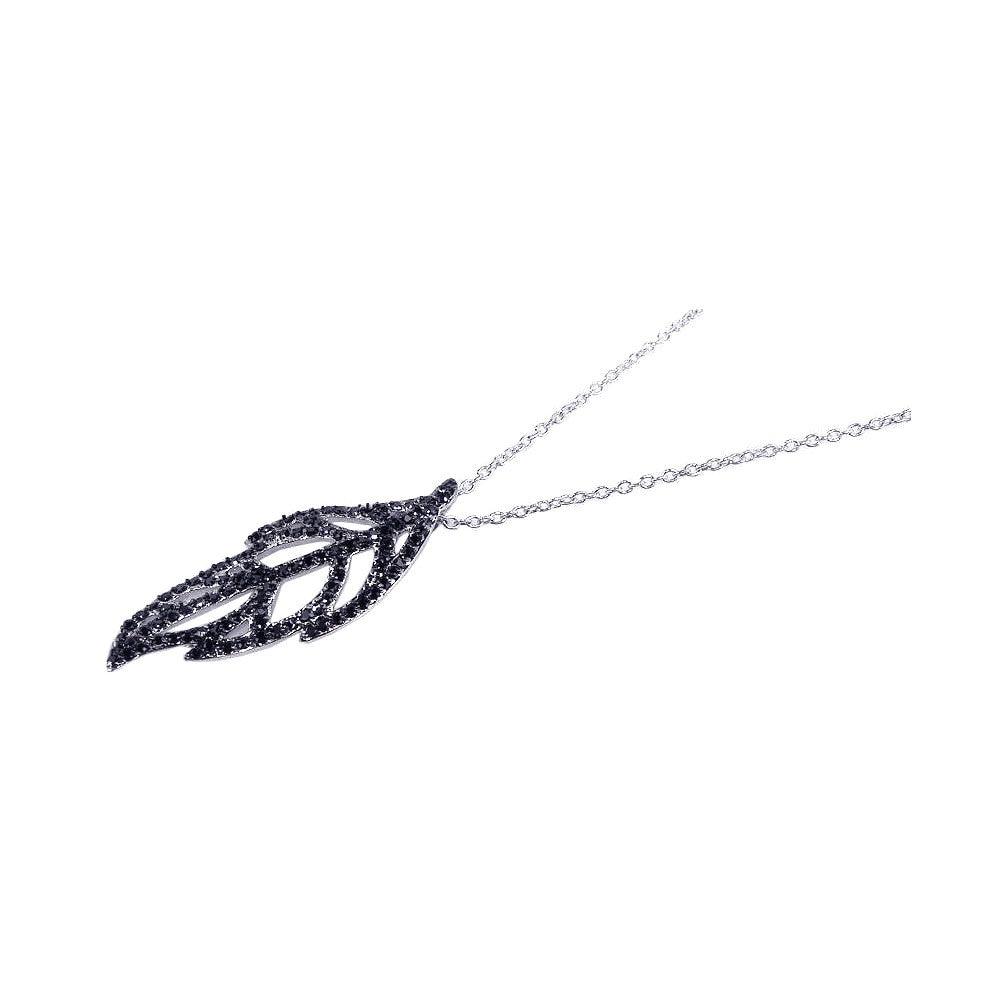 Silver 925 Black Rhodium Plated Clear CZ Black Leaf Pendant Necklace - STP00611