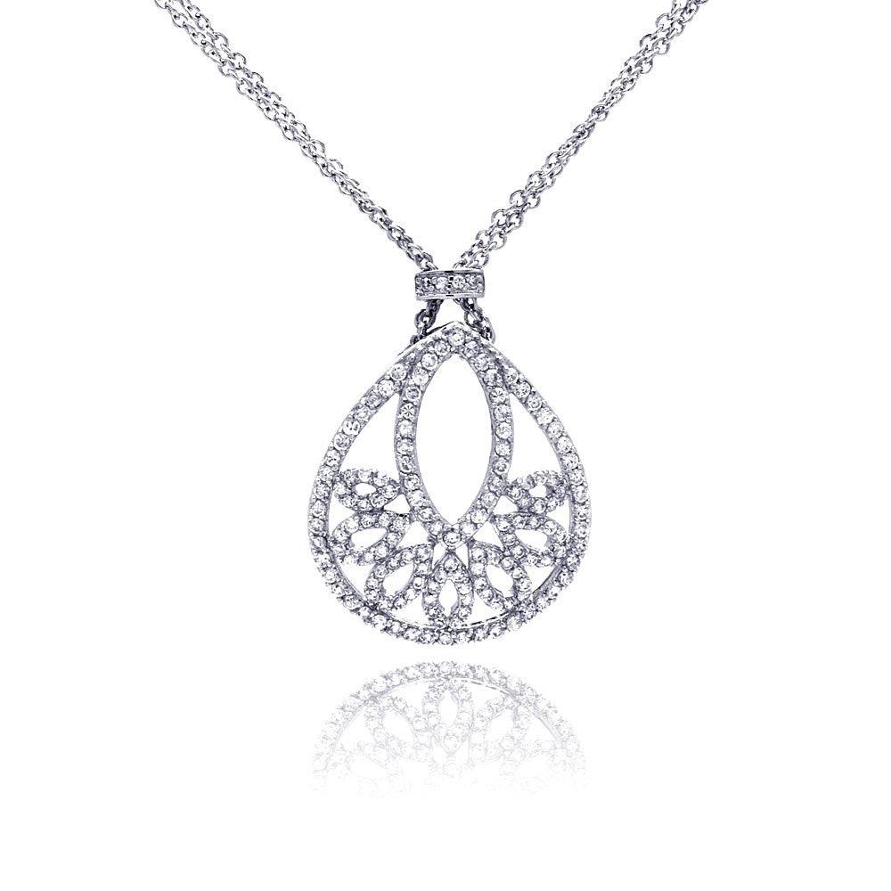 Silver 925 Rhodium Plated Clear CZ Drop Shape Pendant Necklace - STP00619