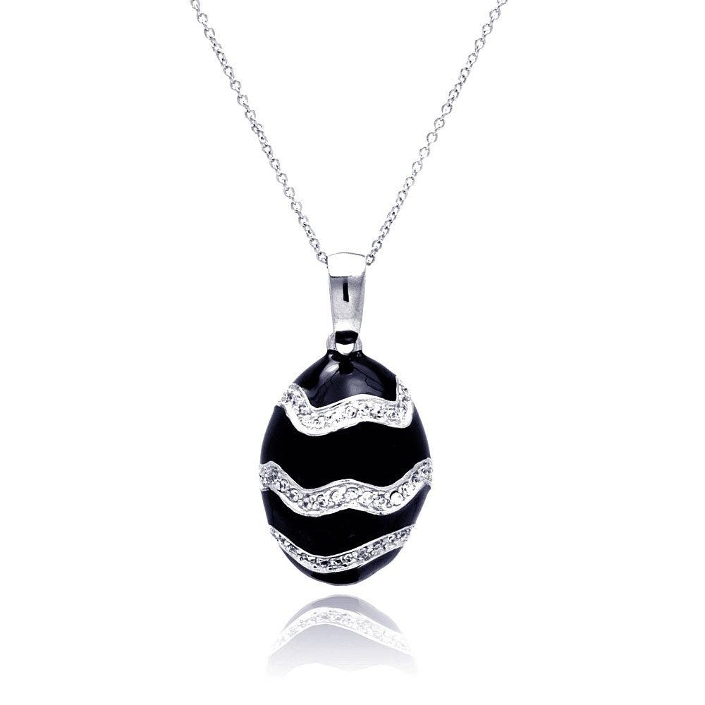 Silver 925 Rhodium Plated Onyx Egg-shaped Pendant Necklace - STP00626
