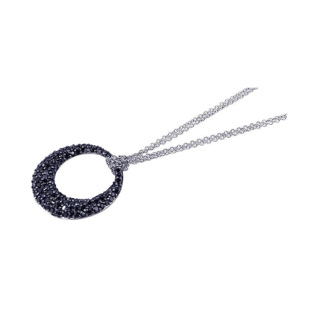 Silver 925 Black Rhodium Plated Clear CZ Circle Pendant Necklace - STP00631BLK