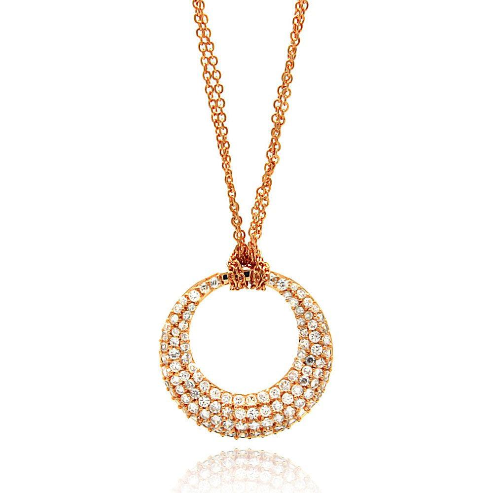 Silver 925 Rose Gold Plated Clear CZ Circle Pendant Necklace - STP00631RGP