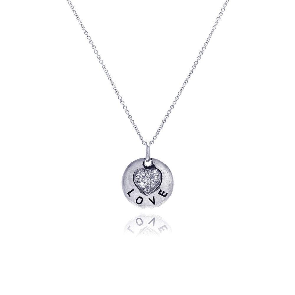 Silver 925 Rhodium Plated Clear CZ Love Round Pendant Necklace - STP00639