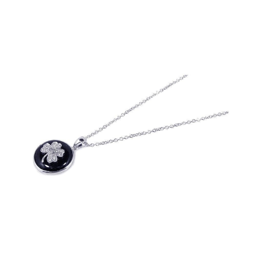 Silver 925 Rhodium Plated Onyx Clover Pendant Necklace - STP00650