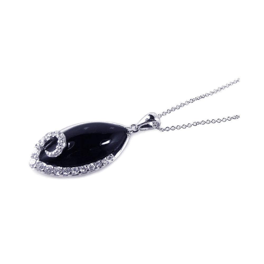 Silver 925 Rhodium Plated Onyx Eye-shape Pendant Necklace - STP00652