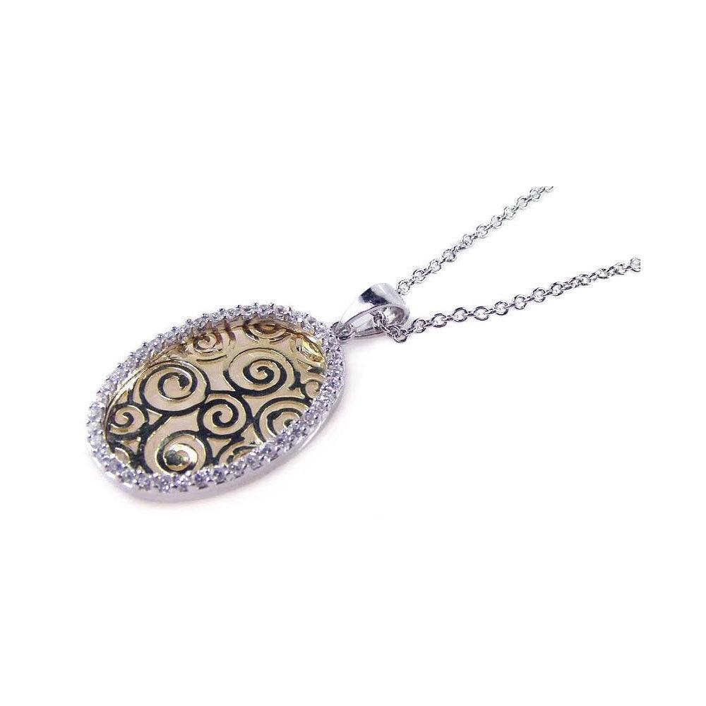 Silver 925 Gold and Rhodium Plated Clear CZ Oval Pendant Necklace - STP00656