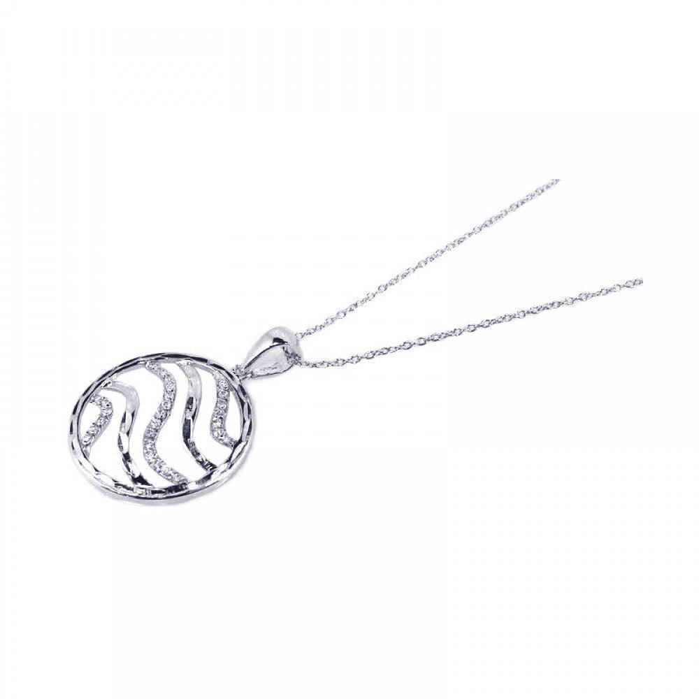 Silver 925 Rhodium Plated Clear CZ Swirl Circle Pendant Necklace - STP00707