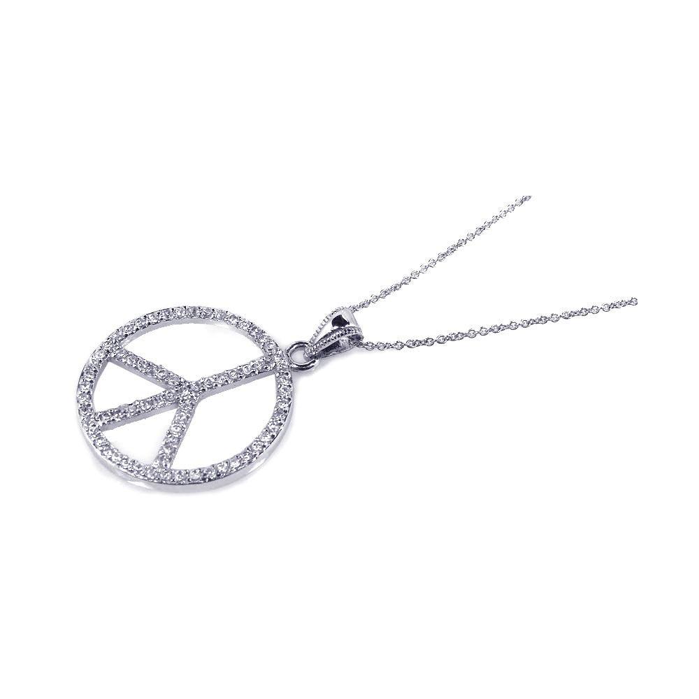 Silver 925 Rhodium Plated Clear CZ Peace Pendant Necklace - STP00724
