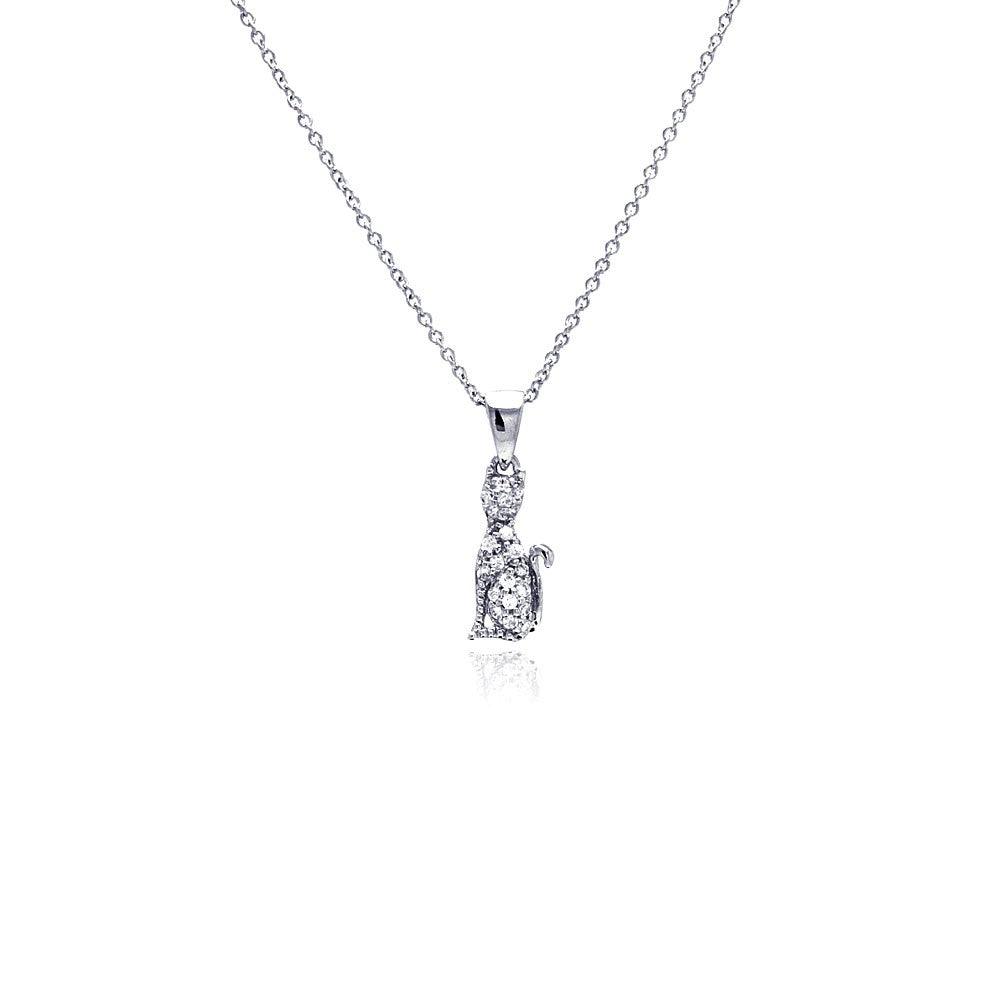 Silver 925 Rhodium Plated Clear CZ Cat Pendant Necklace - STP00750