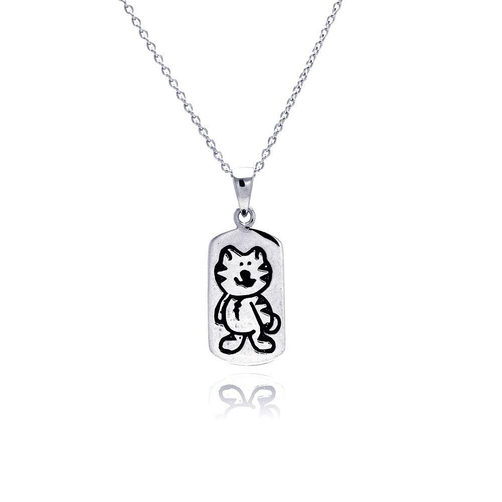 Silver 925 Rhodium Plated Kitty Dogtag Pendant Necklace - STP00771