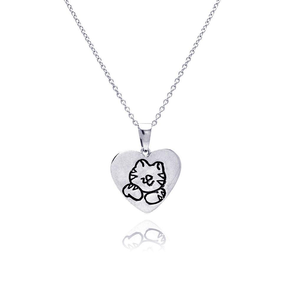 Silver 925 Rhodium Plated Kitty Heart Pendant Necklace - STP00772