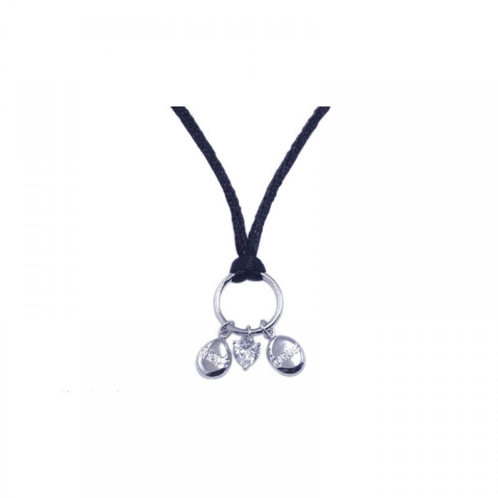 Silver 925 Rhodium Plated Clear CZ Charm Pendant Leather Necklace - STP00780