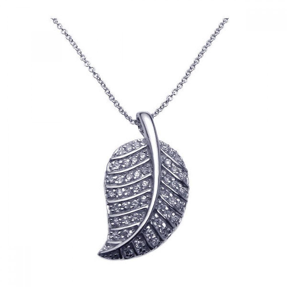 Silver 925 Rhodium Plated Clear CZ Leaf Pendant Necklace - STP00789