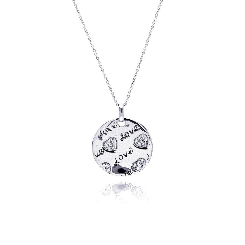Silver 925 Rhodium Plated Clear CZ Love Heart Round Pendant Necklace - STP00803