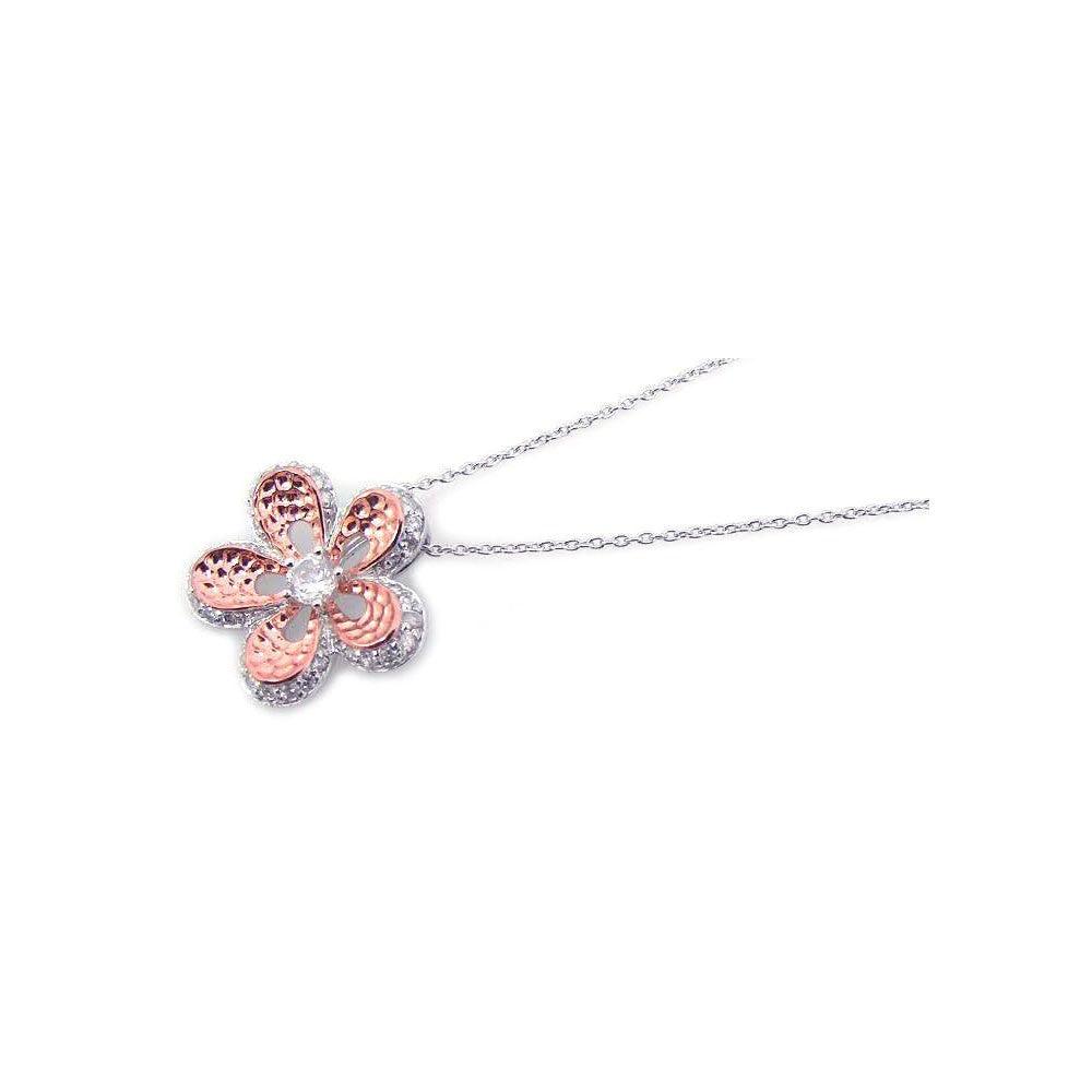 Silver 925 Rhodium Plated Pink CZ Flower Pendant Necklace - STP00807