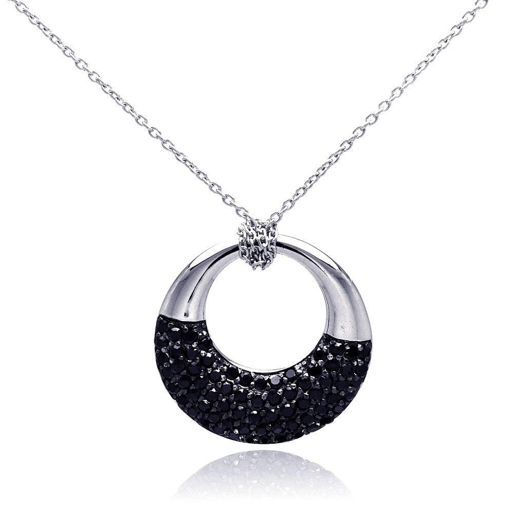 Silver 925 Rhodium and Black Rhodium Plated Black CZ Ring Pendant Necklace - STP00817BLK
