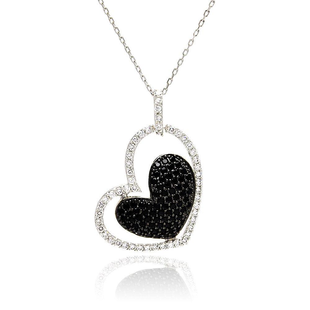 Silver 925 Rhodium and Black Rhodium Plated Clear and Black CZ Heart Pendant Necklace - STP00819