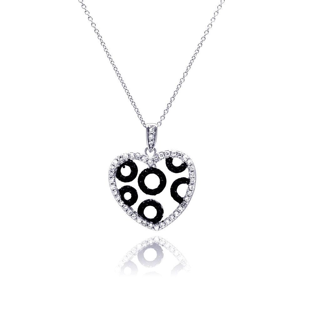 Silver 925 Rhodium and Black Rhodium Plated Clear and Black CZ Heart Circles Pendant Necklace - STP00820