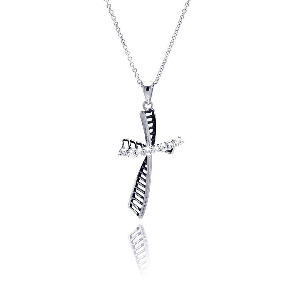 Silver 925 Rhodium Plated Clear CZ Cross Pendant Necklace - STP00824