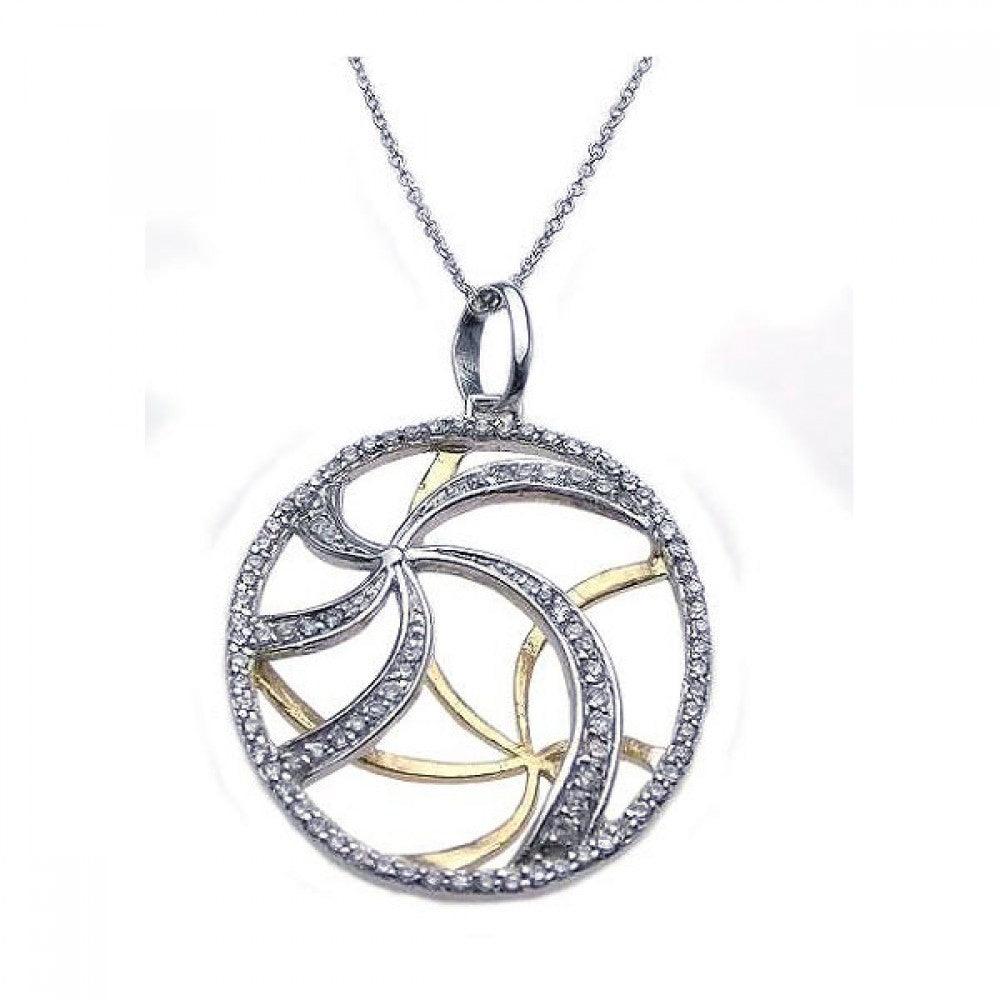 Silver 925 Rhodium and Gold Plated Clear CZ Swirl Pendant Necklace - STP00858