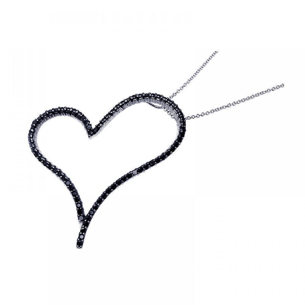 Silver 925 Rhodium Plated Black CZ Heart Pendant Necklace - STP00875BLK