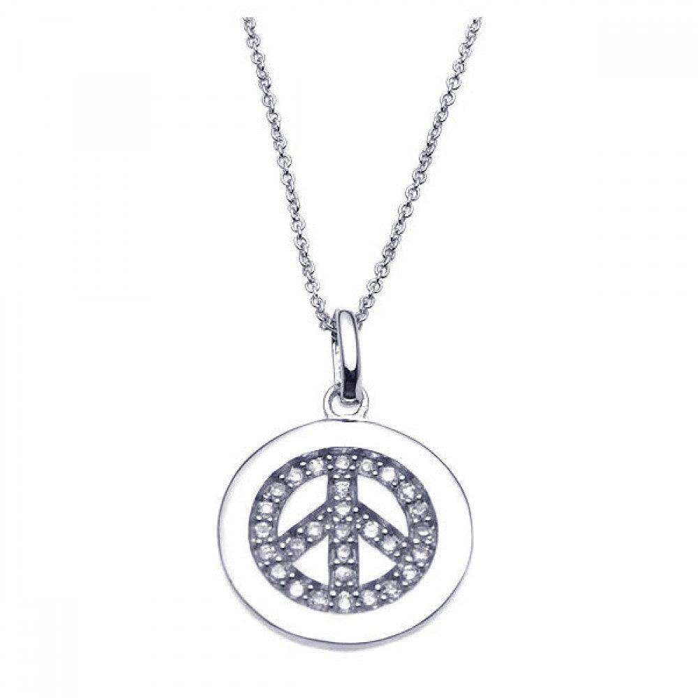 Silver 925 Rhodium Plated Clear CZ Peace Pendant Necklace - STP00894