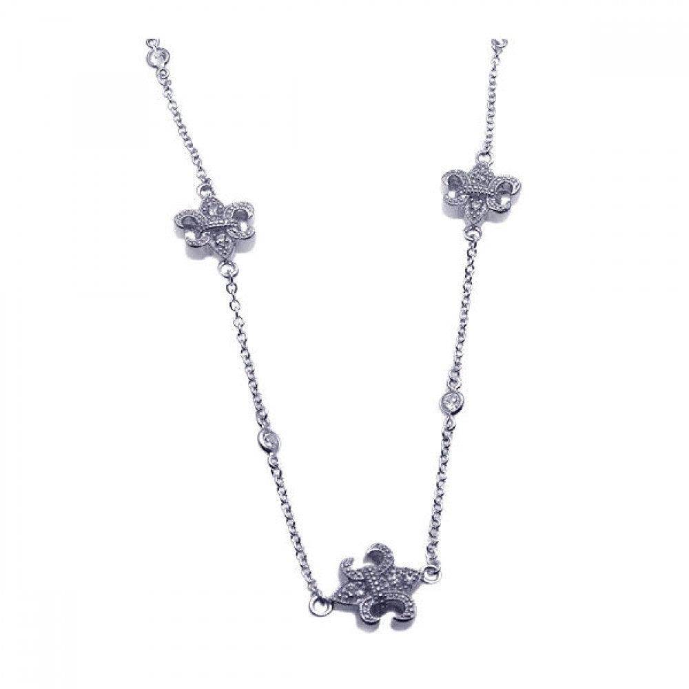Silver 925 Rhodium Plated Clear CZ Flor De Lis Pendant Necklace - STP00912