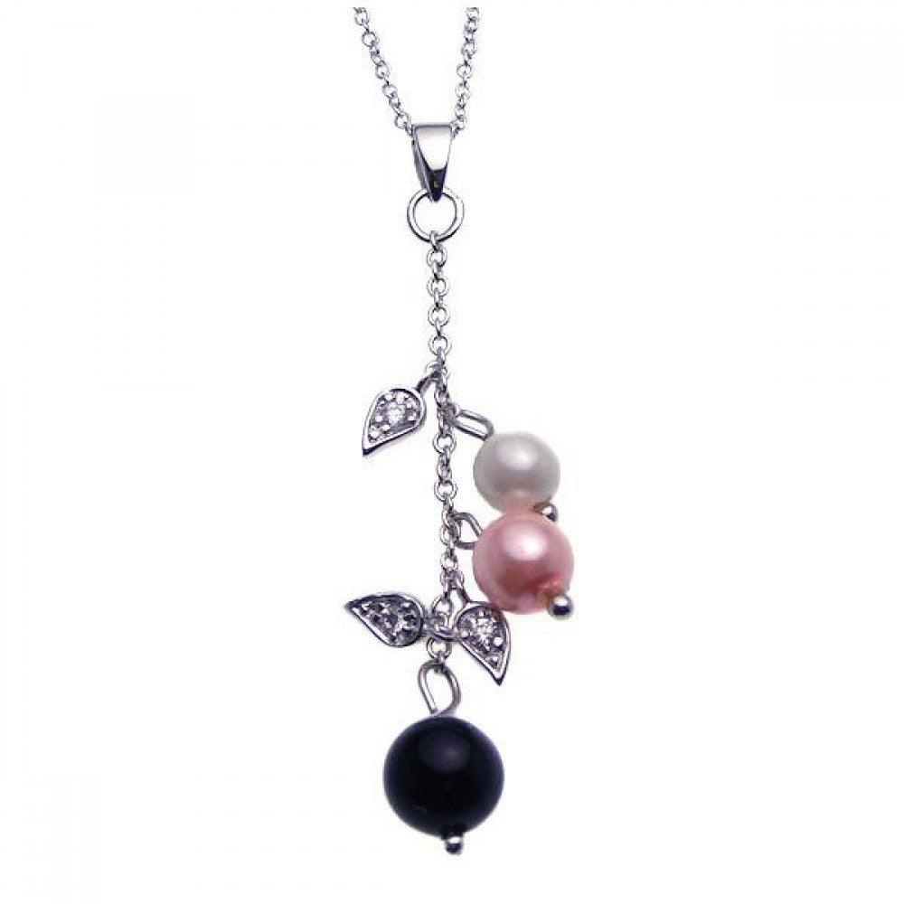 Silver 925 Rhodium Plated Clear CZ Pearls Flower Pendant Necklace - STP00919