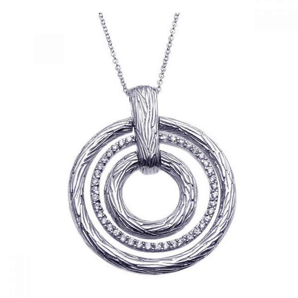 Silver 925 Rhodium Plated Clear CZ Triple Circle Pendant Necklace - STP00921