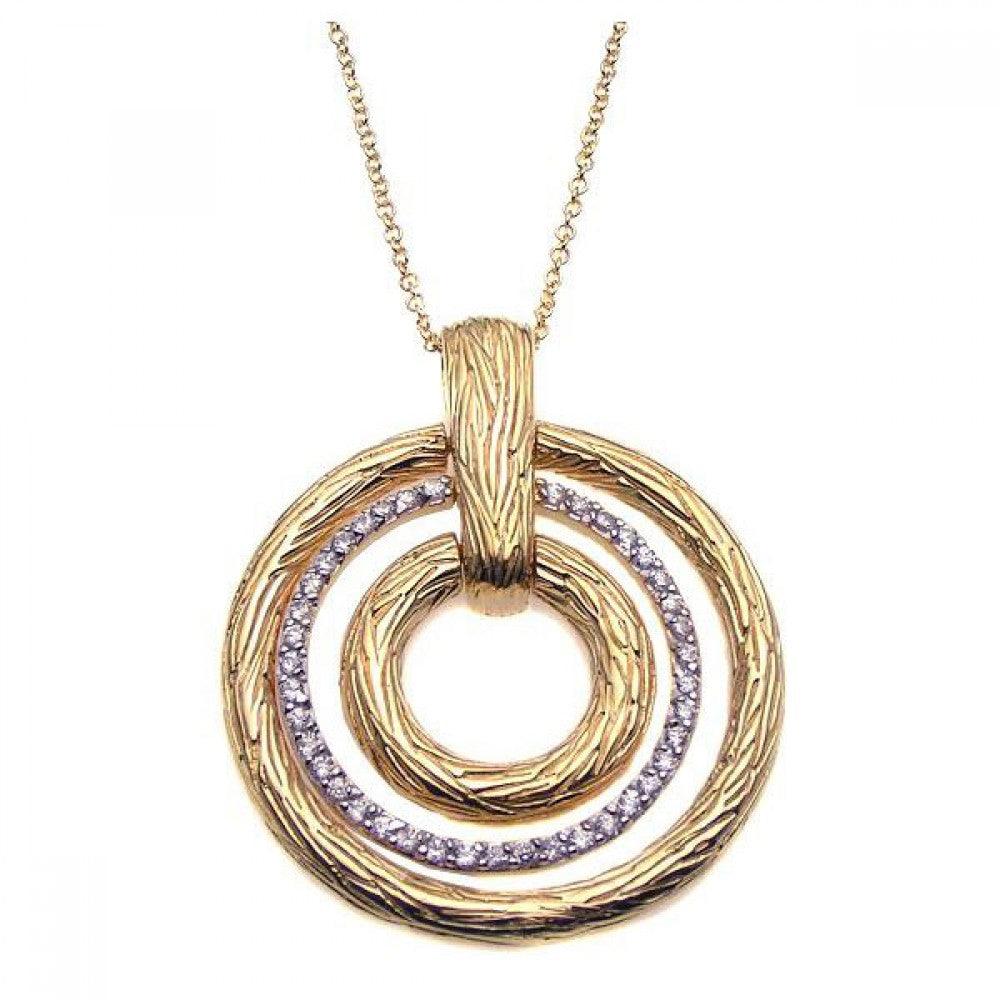 Silver 925 Gold Plated Clear CZ Triple Circle Pendant Necklace - STP00923