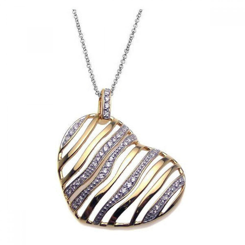 Silver 925 Gold Plated Clear CZ Heart Pendant Necklace - STP00925