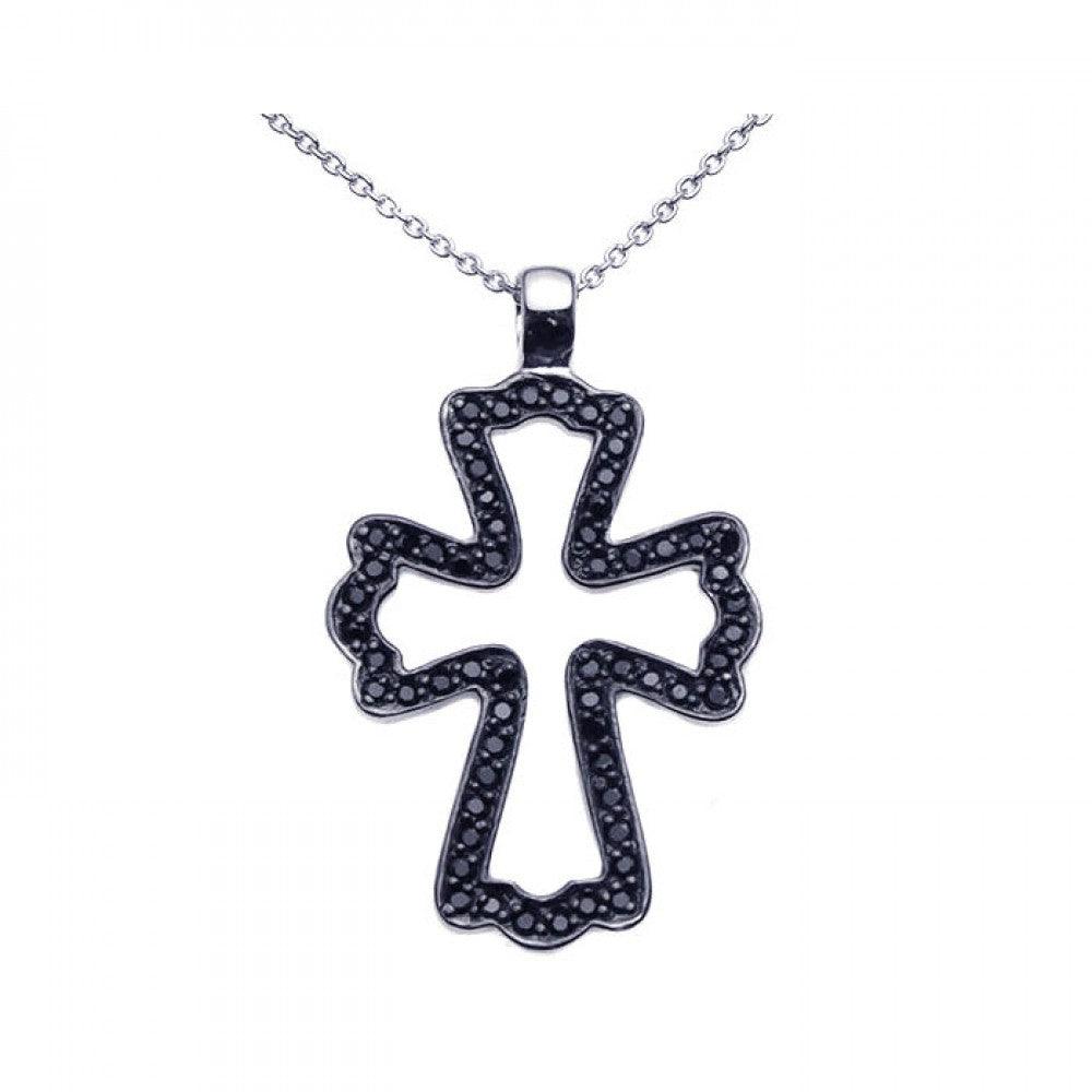 Silver 925 Black Rhodium Plated Black CZ Cross Pendant Necklace - STP00936