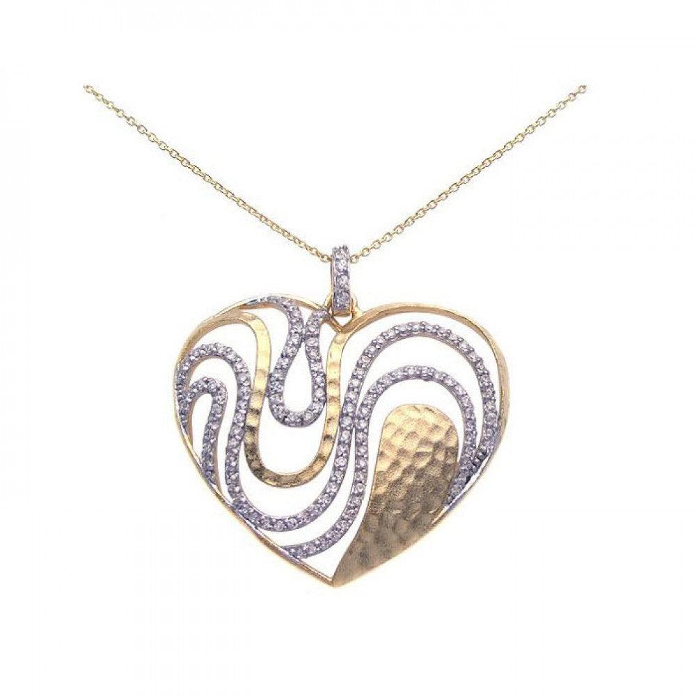 Silver 925 Gold and Rhodium Plated Clear CZ Heart Pendant Necklace - STP00948