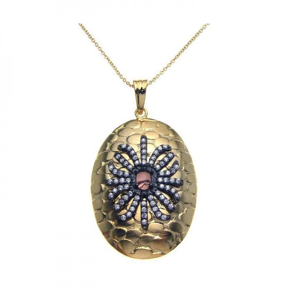 Silver 925 Black Rhodium and Gold Plated Clear CZ Round Pendant Necklace - STP00949