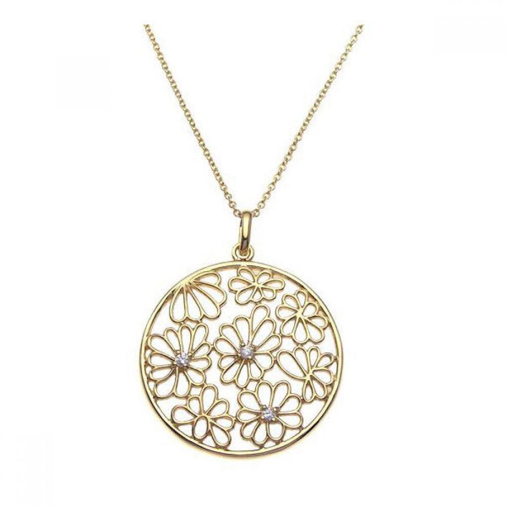 Silver 925 Gold Plated Clear CZ Flower Pendant Necklace - STP00951